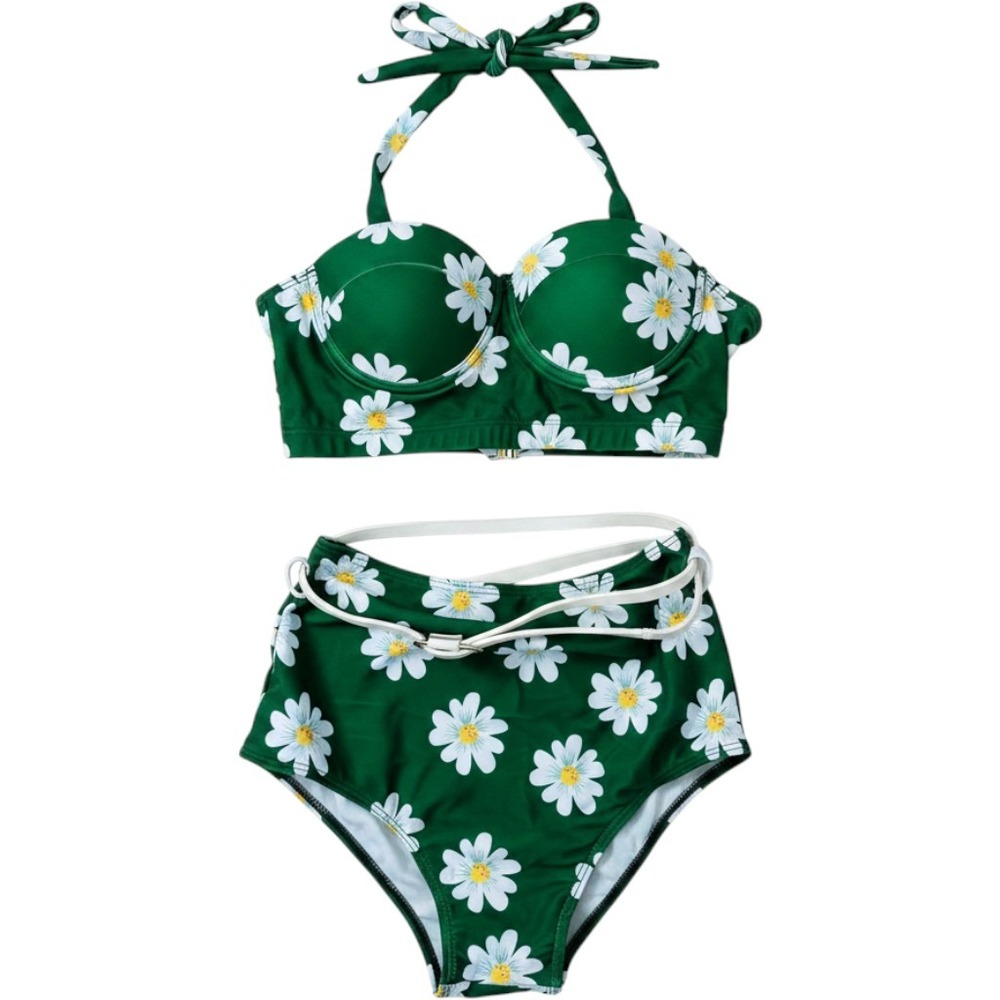 Retro Stage Bikini Women Medium Green Daisy Floral High Waisted‎ Swimsuit Set